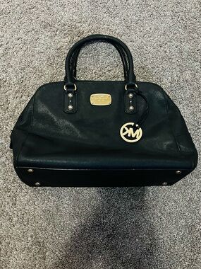 Michael Kors Black Leather Dome Satchel with Gold Hardware